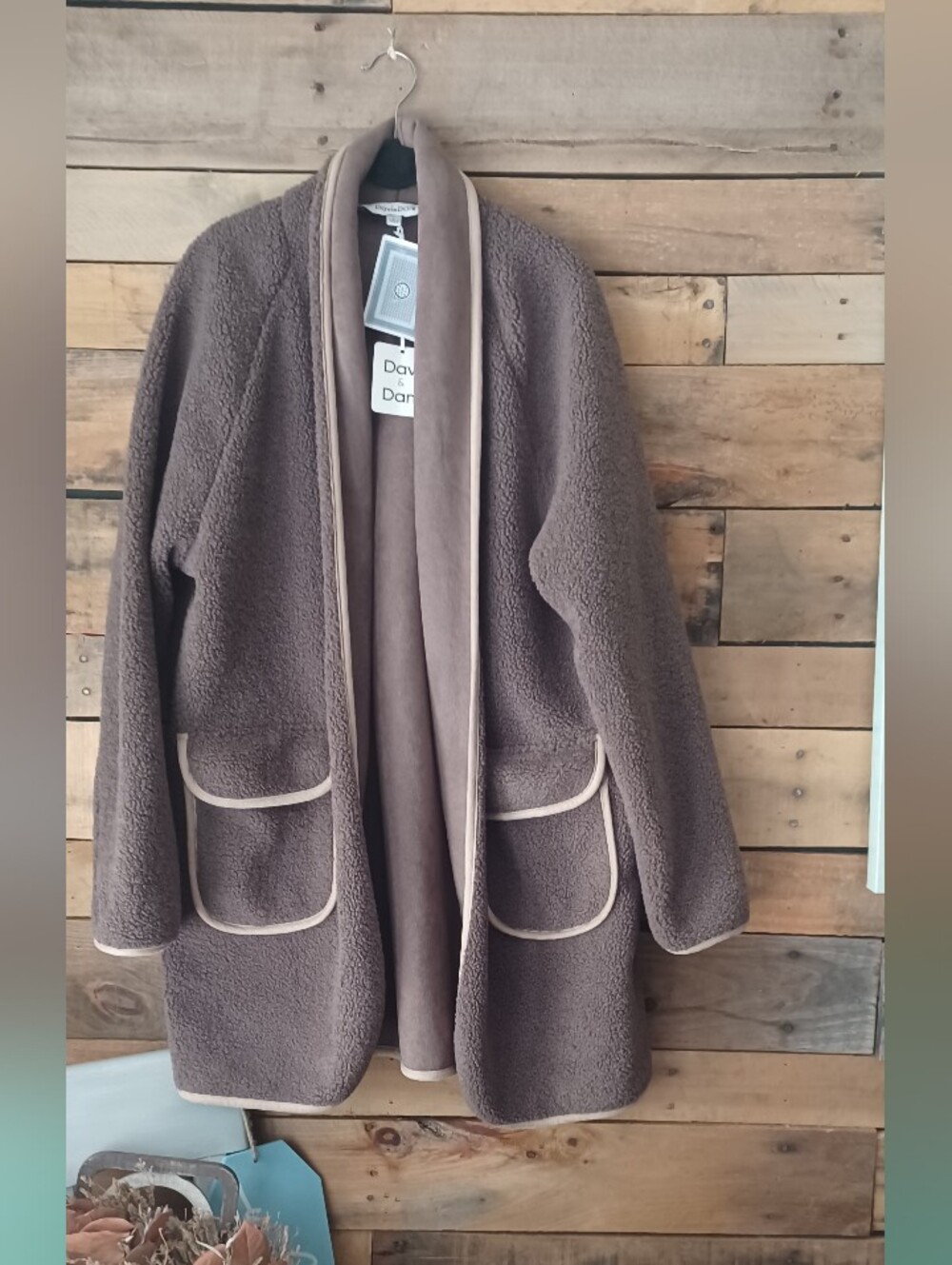 DAVI & DANI Taupe Teddy Sherpa Jacket with Contrast Trim